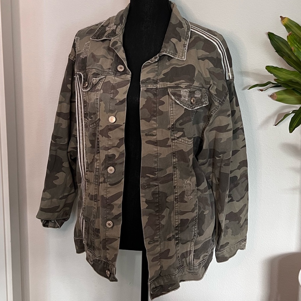 Zara Denim Army Fatigue Shirt Jacket with Sequin Detail